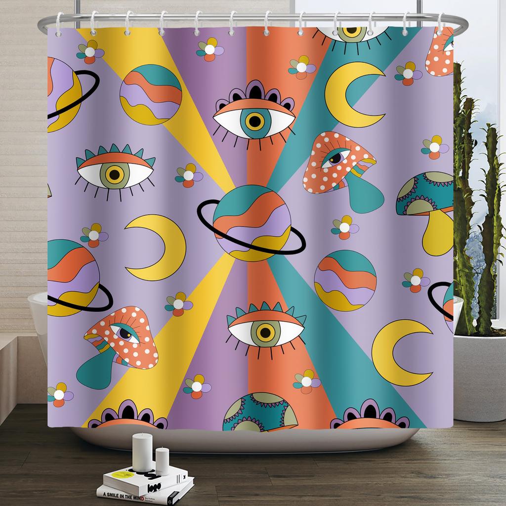Vintage Rainbow Mushroom Shower Curtain Funny 70S 80S Retro Trippy Abstract Boho Floral Hippy Waterproof Bathroom Curtain Decor