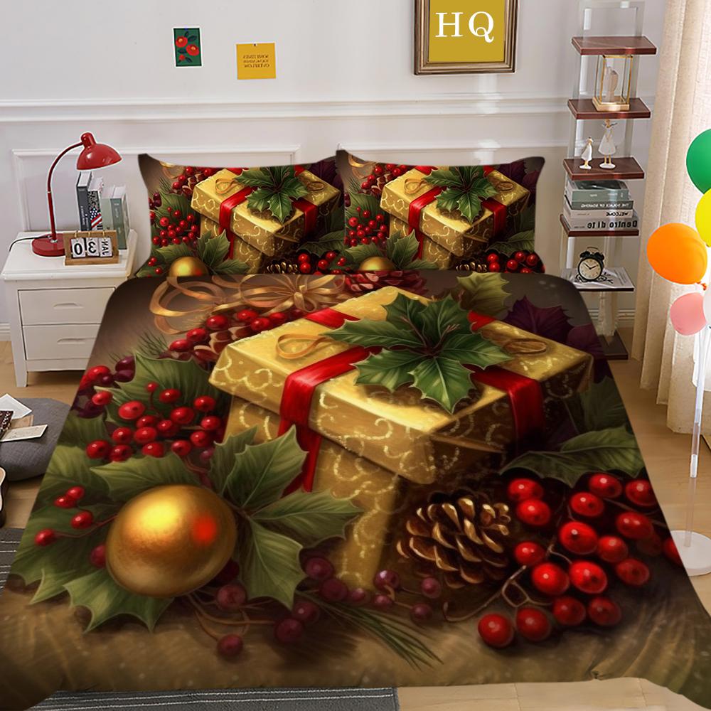 Conjunto de roupa de cama para casa de Natal 3D Padrão de presente Capa de cama Fronha 2/3 peças AU240 * 270 Cama de solteiro/casal tamanho completo Soft Decoração de quarto