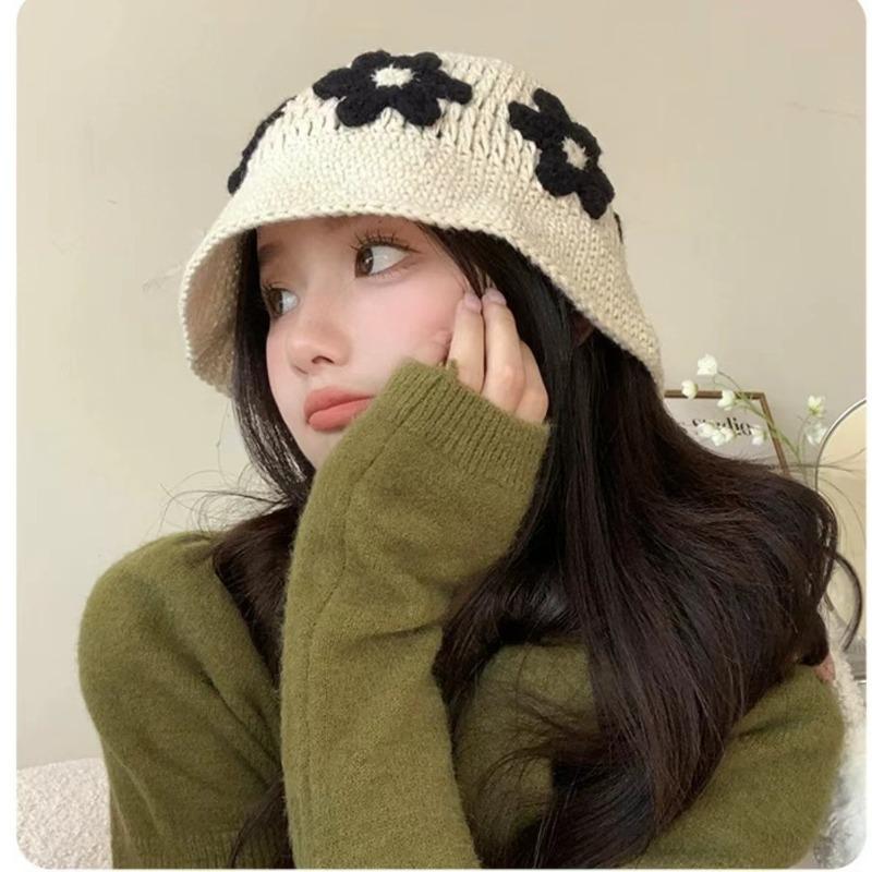 Handmade Knitted Hat Bucket Hat Women's Wool Hat Cold Hat Autumn and Winter Niche Fisherman Pile Hat