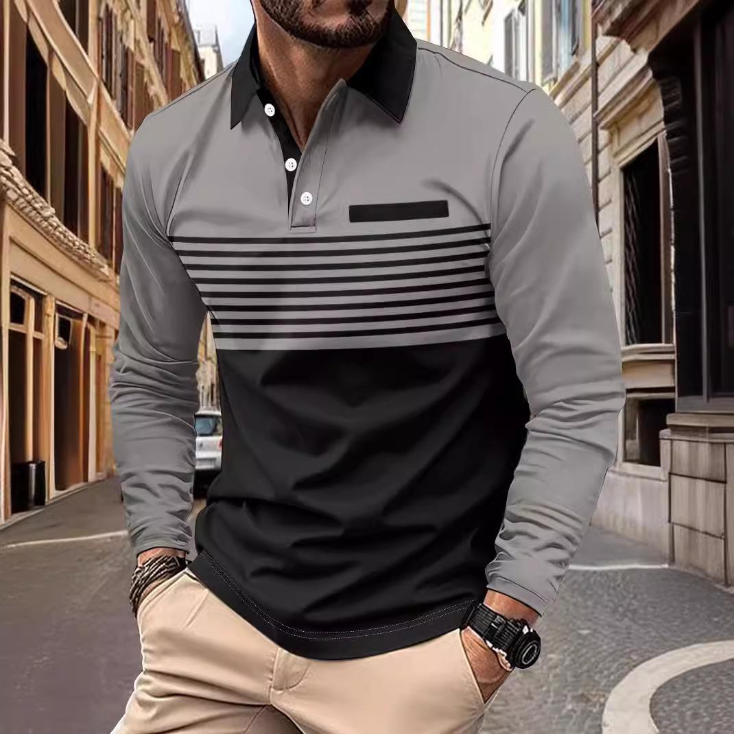 

2024 Autumn Men s Striped Long Sleeve Polo Shirt with Turn-down Collar S серый
