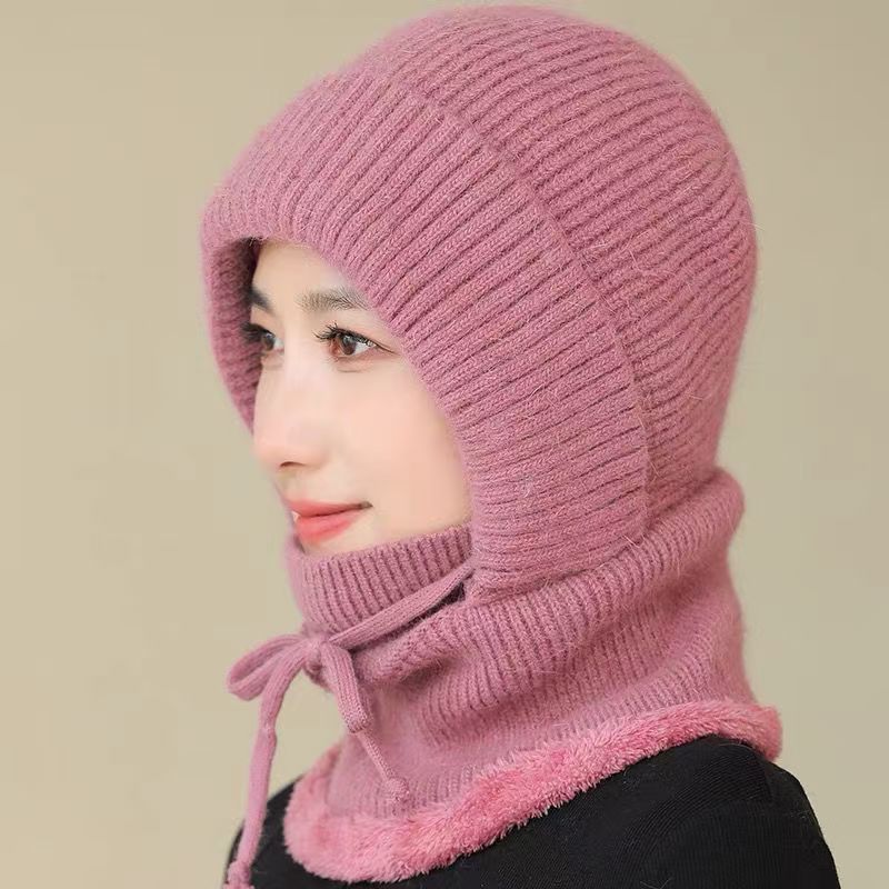 Women Winter Hat with Integrated Scarf Thick Warm Knitted Windproof Men s Hat Warm Breathable Beanie Cap розовый