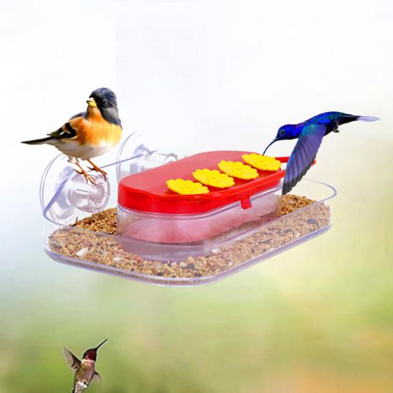 Kolibri-Futterspender für Fenster, starker Saugnapf, Kolibri-Futterspender mit 4 Futteröffnungen, Wasserstation für Vögel aus Kunststoff