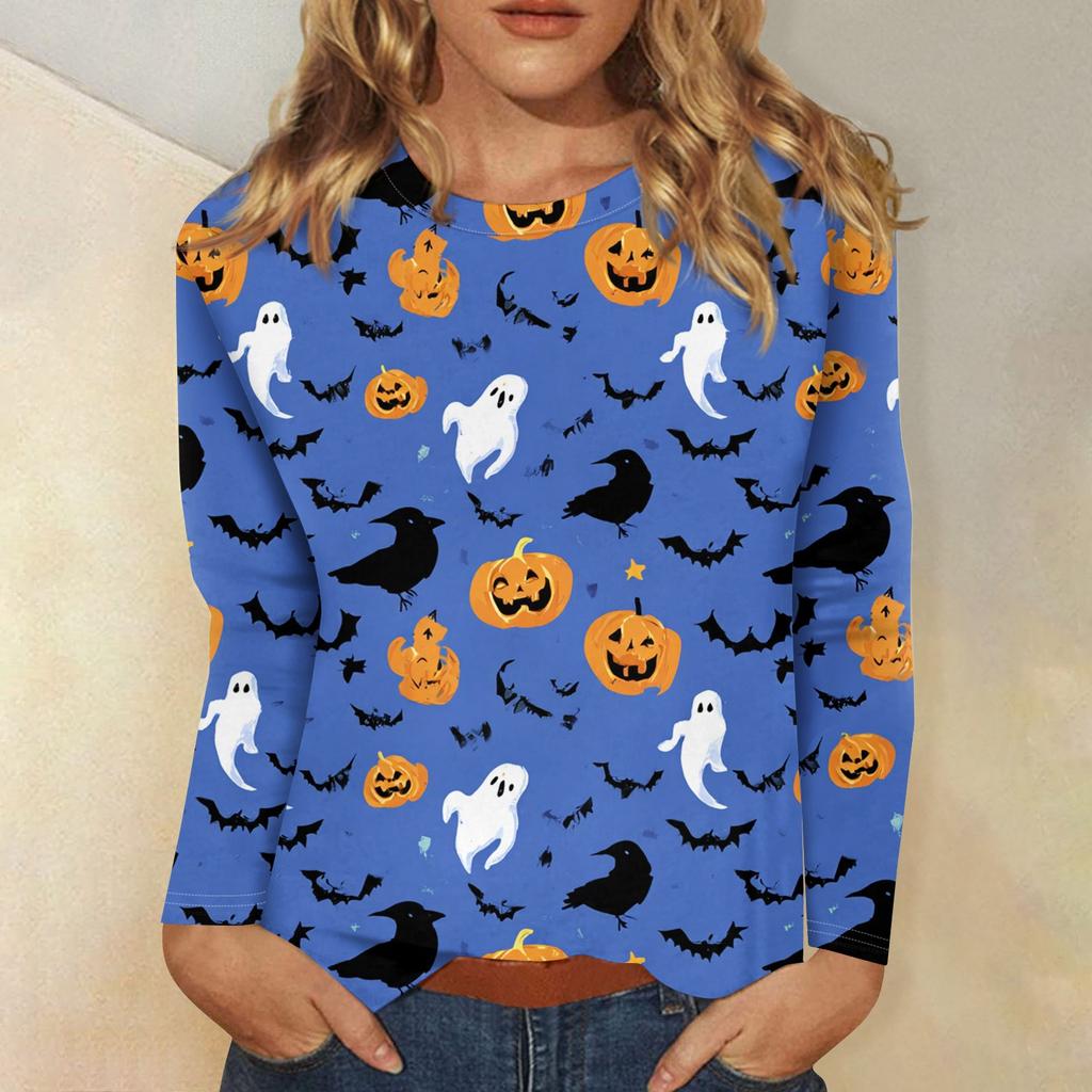 Women's Fashion Casual Halloween Printed Round Neck Long Sleeve Pullover Top