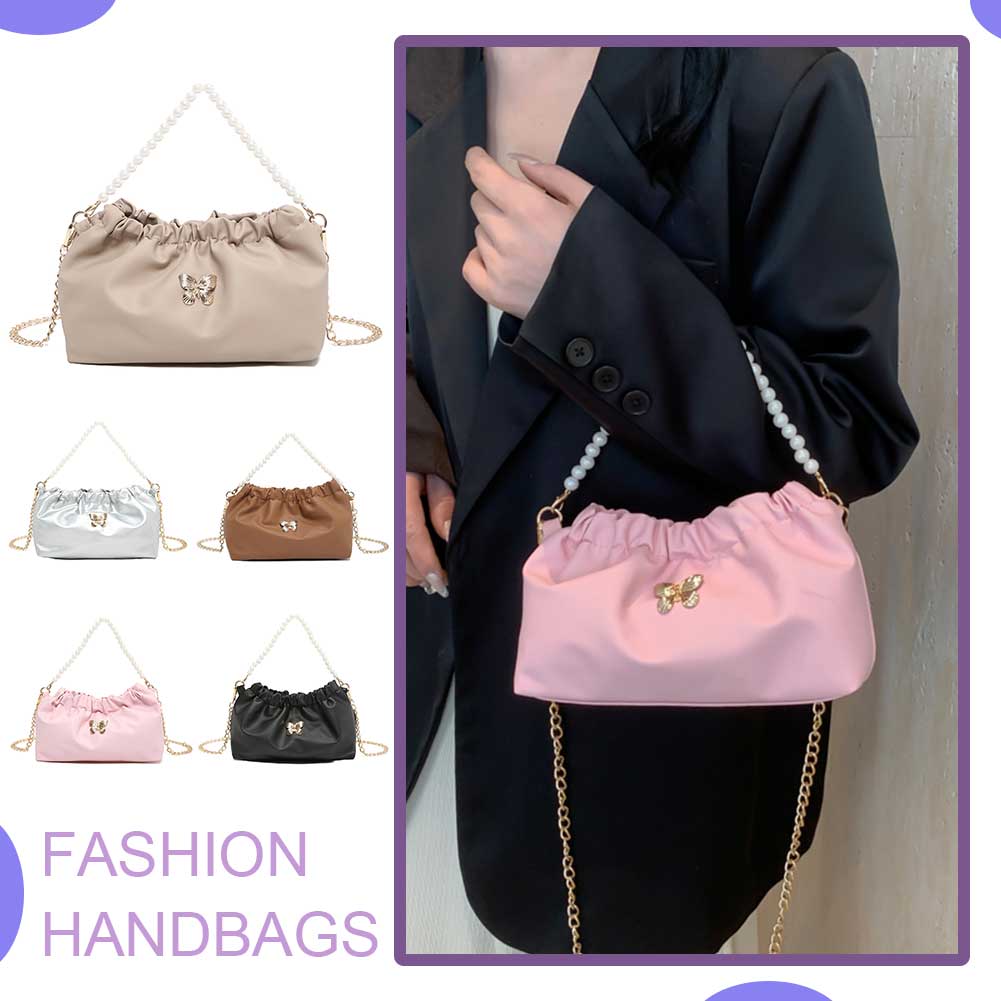 Women PU Butterfly Handbag Pleated Tote Bag Pearl & Chain Strap Elegant Handbag Large Capacity Solid Color for Party Vacation