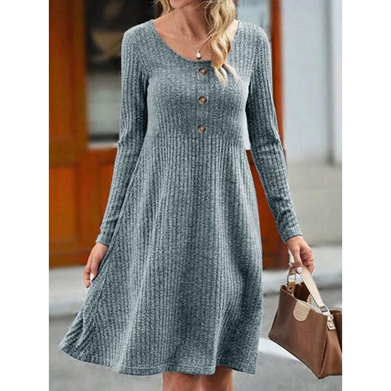 IHUASU Fashion Autumn Winter Solid Color Print Long Sleeve U-Neck Casual Dresses