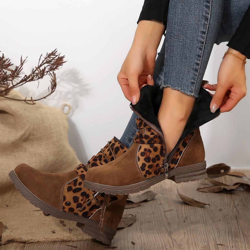 2025 New Leopard Print Boots Women's Winter Plus Size Belt Buckle British Style Round Toe Suede Stitched Martin Boots