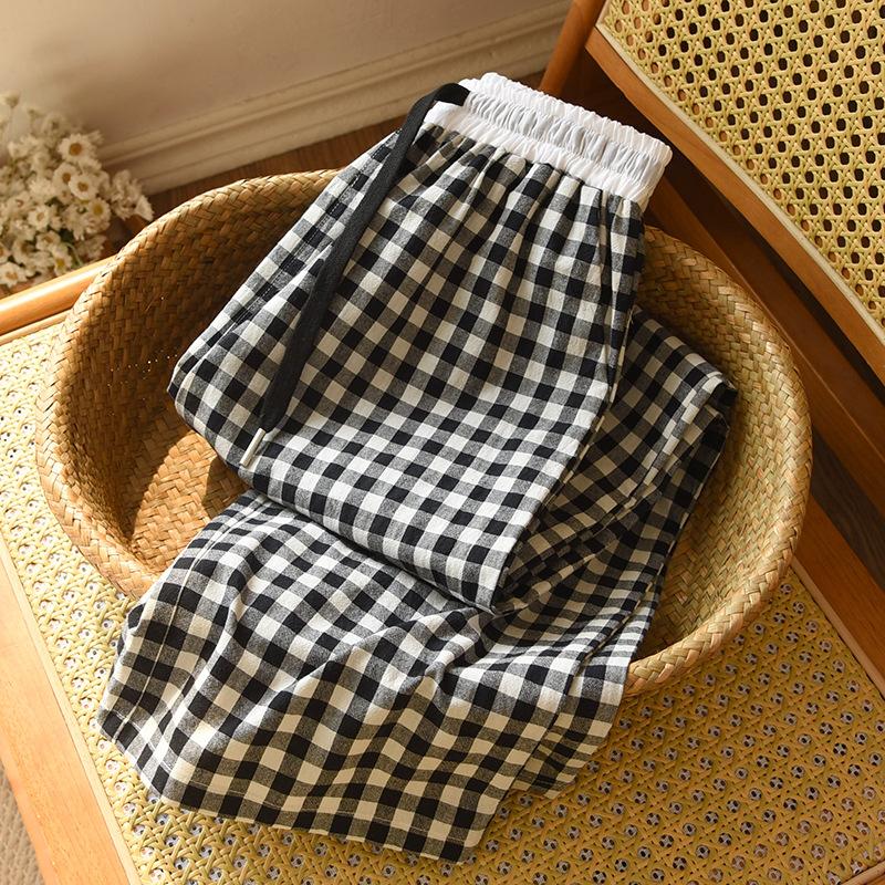 Spring Summer Color Matching Candy Straight Leg Pants for Home Wear Women's Cotton Plaid Design Loose Drawstring Waist Pajama Pants