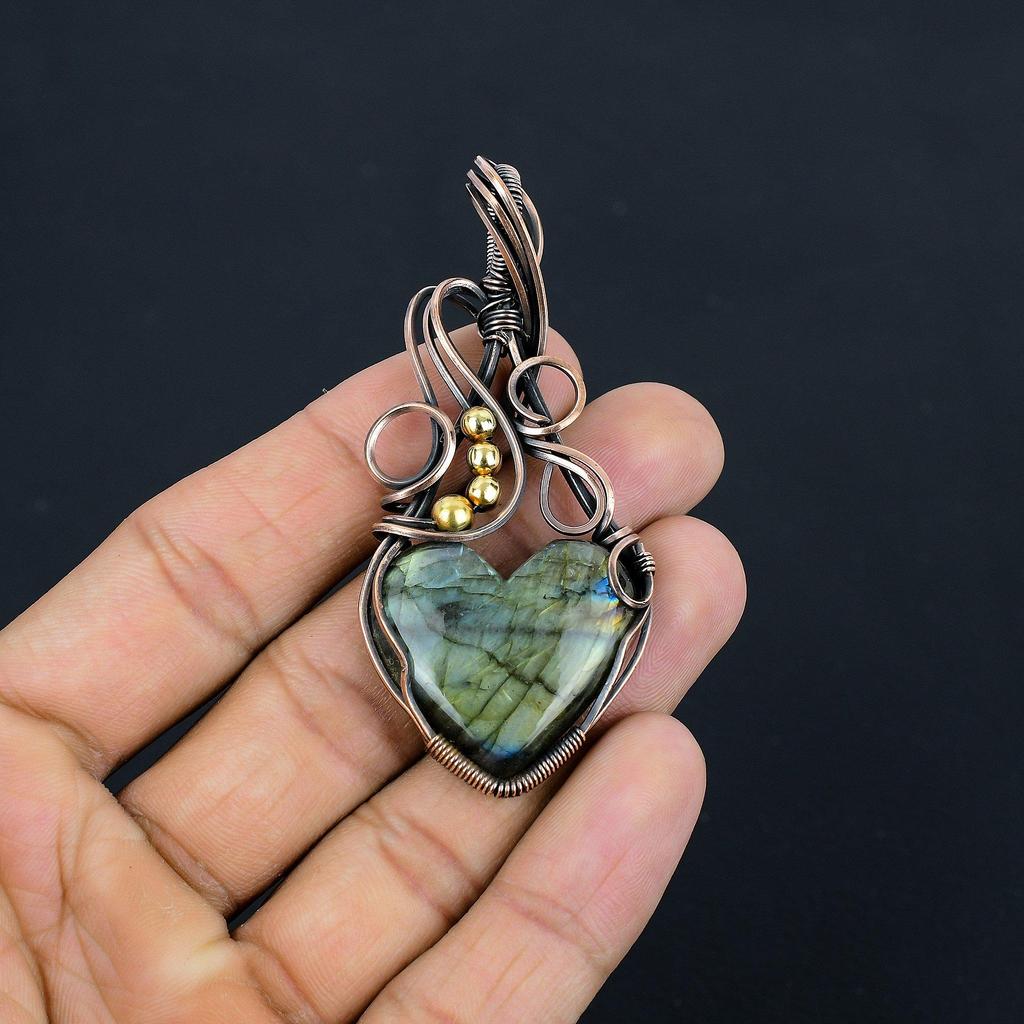 Labradorite Pendant, Handmade Gemstone 999 Copper Wire Wrapped Pendant Antique Jewelry, For Gift Silver Jewelry