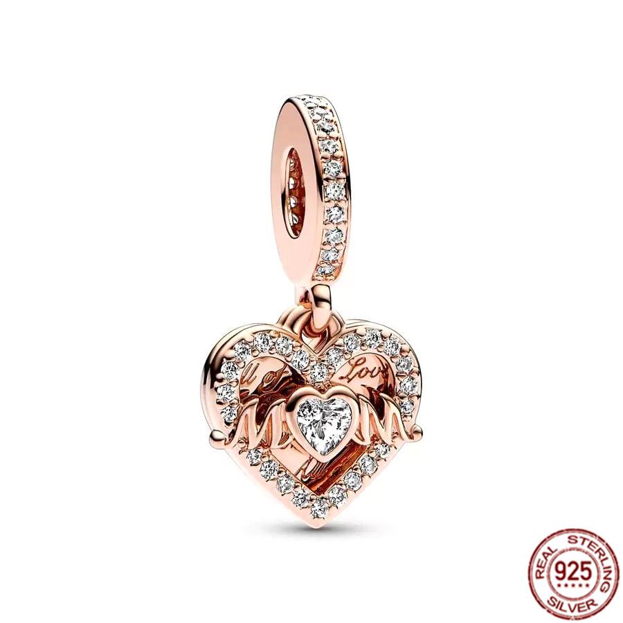 Fine S925 Sterling Silver Love You Mom Double Heart Split Dangle Charm Beads Fit Original  Bracelet DIY Women Jewelry Gift