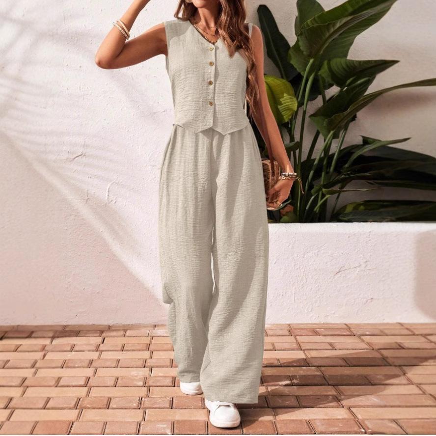 

Women s Sleeveless Jumpsuit Wide Leg Romper with Buttons in Dark Green, Black, Khaki, Light Gray XL