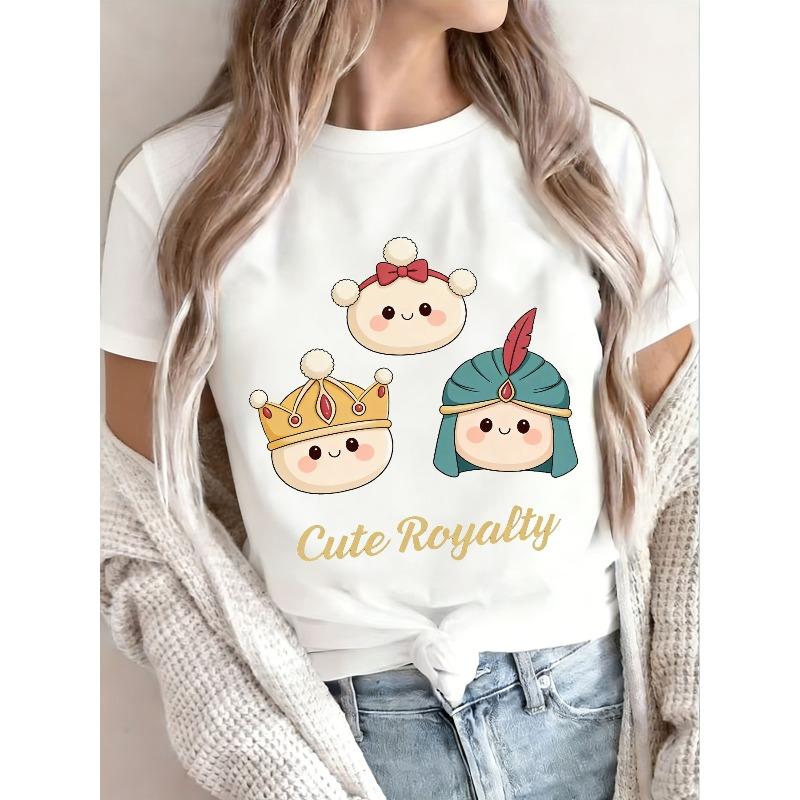 

Playful Cartoon Characters Print Women s Short Sleeve Tee Round Neck Casual Comfort Top S белый