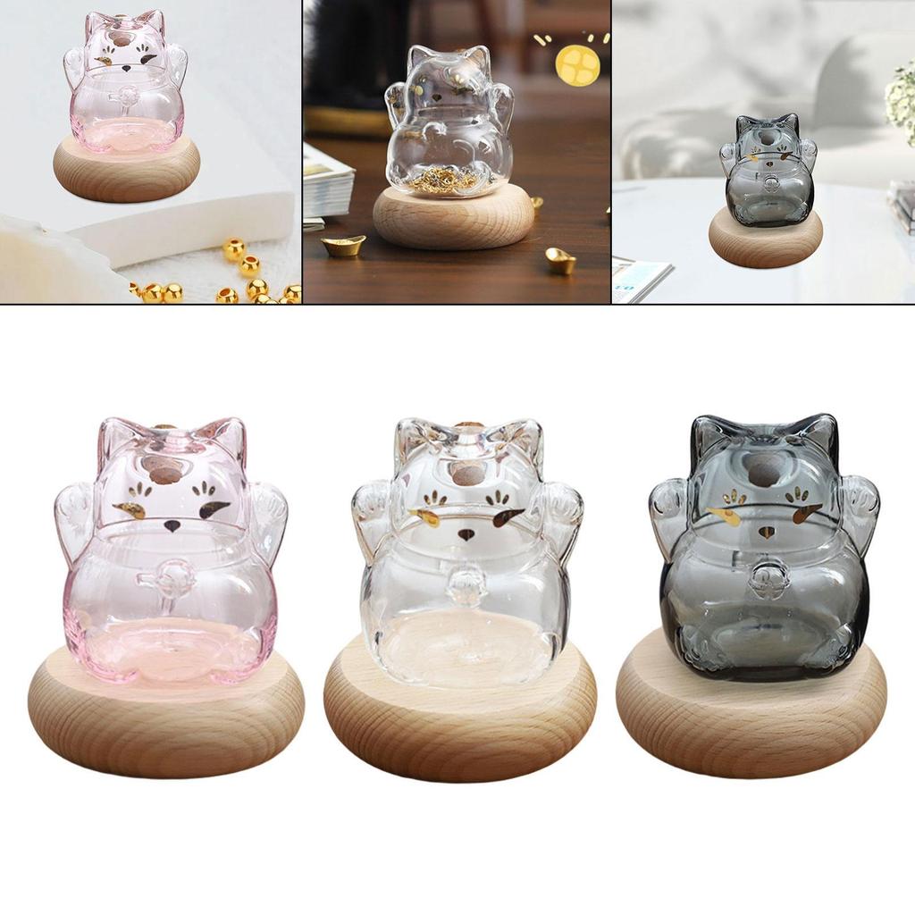 Glass Piggy Bank with Wooden Base Kitten Shaped Money Bank Money Saving Jar for