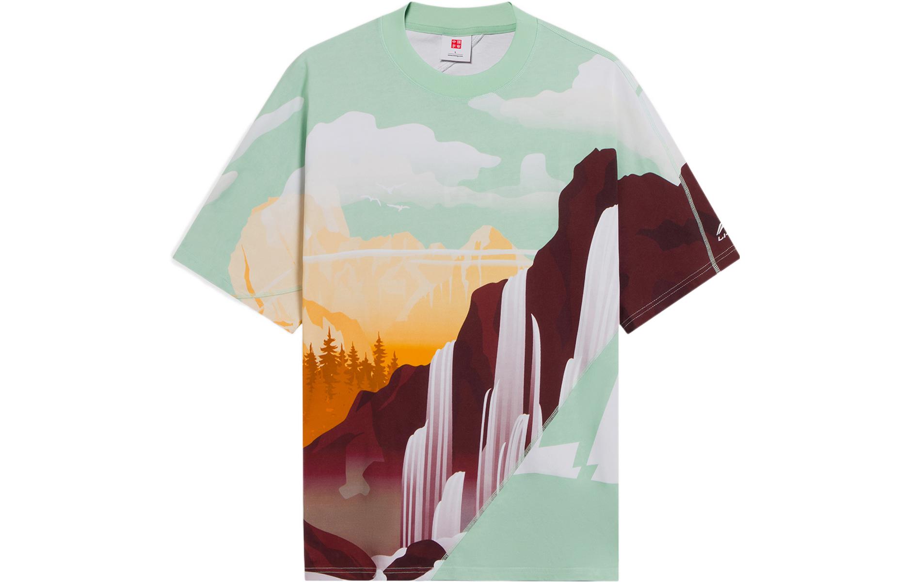 Li Ning T Shirts Unisex Umber Light Grass Green All Over Print Crew Neck Moderate Straight Fit AHSS195-2 L