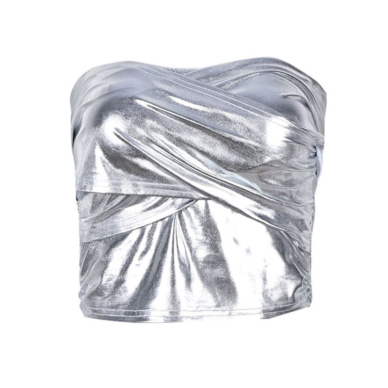 

Fashion Style Sexy Sexy Women s New Trendy Reflective Personality Ruched Tight 7615 Tube Top Tops Women Silver S