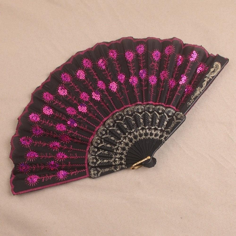 Sequin Embroidery Chinese Folding Fan Peacock Pattern Handheld Fan Plastic Fan Home Decor