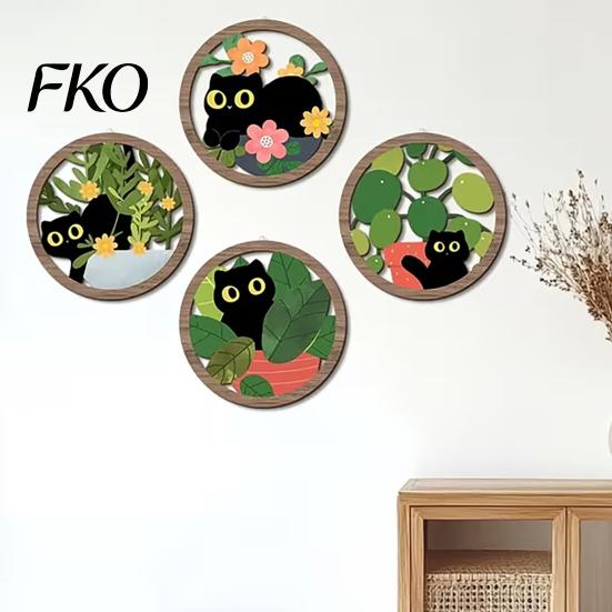 Retro Black Cat Wall Piece 4PCS Sign, with Warm Grain Texture Wood Art, Scratch-Resistant Rounded Corner Wooden Art Home Decor, Nordic Style