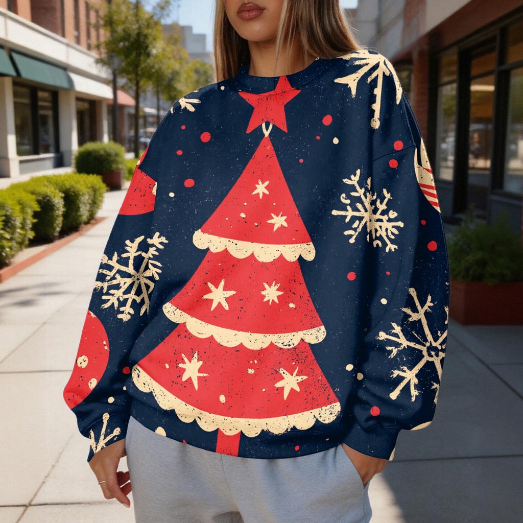 Women's Christmas Print Lightweight Crewneck Sweatshirt Casual Trendy Pullover for Holiday
