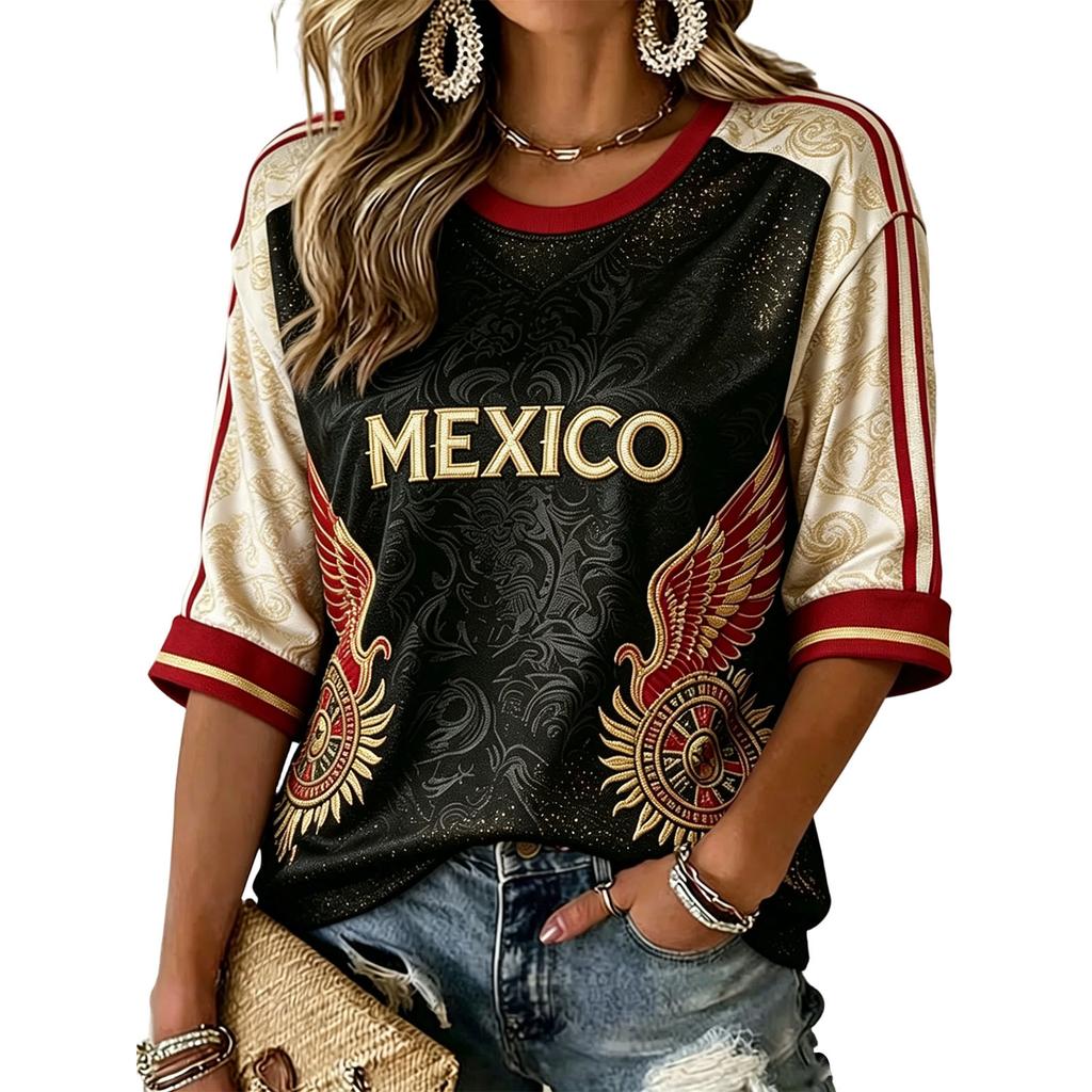 Women's Fashion Printed Round Neck Three-Quarter Sleeve Pullover Top with Mexico Soccer Graphic