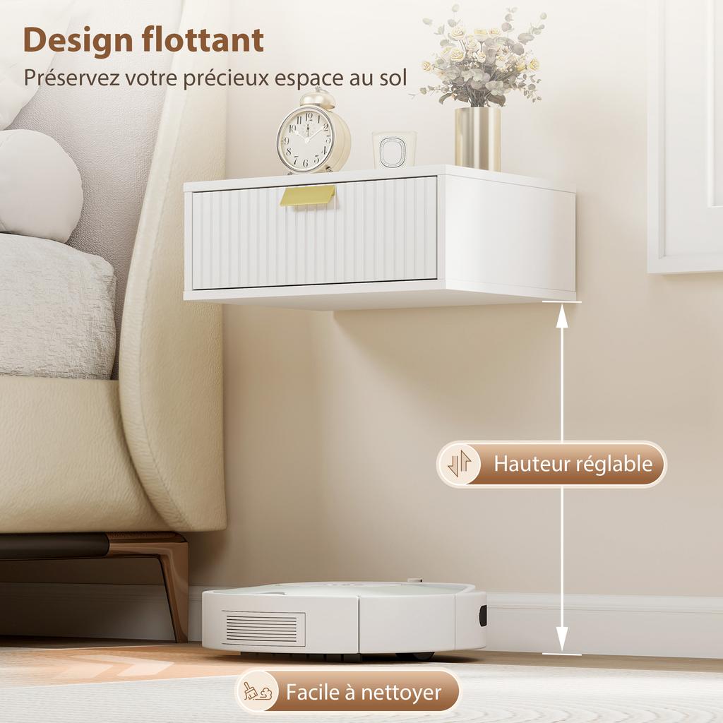Set of 2 Wall-Mounted Nightstands, Wavy Drawer, 40x30x15 cm, White