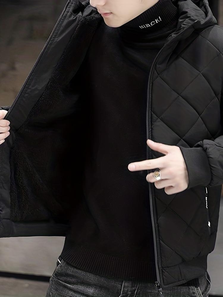 Men's Warm Quilted Hooded Jacket, Plush Winter Zip-Up Outerwear for Fall/Winter Outdoor Activities