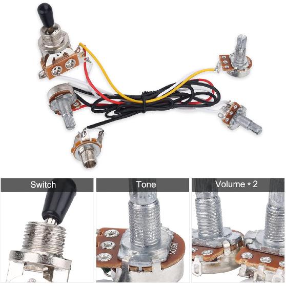 Wiring Harness with 2 Volume, 1 Tone, and 1 Jack for Electric Guitar Bass, 3 Way Switch for Electirc Guitar Bass Guitar Wiring Harness