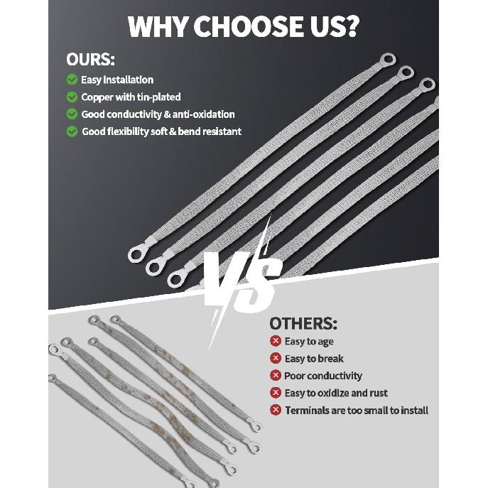 6 PCS Universal Automotive Braided Copper Ground Strap, 12 Inch Engine Ground Strap Kit With Terminal Plugs, Copper Tinned Ground Strap Wire For Most