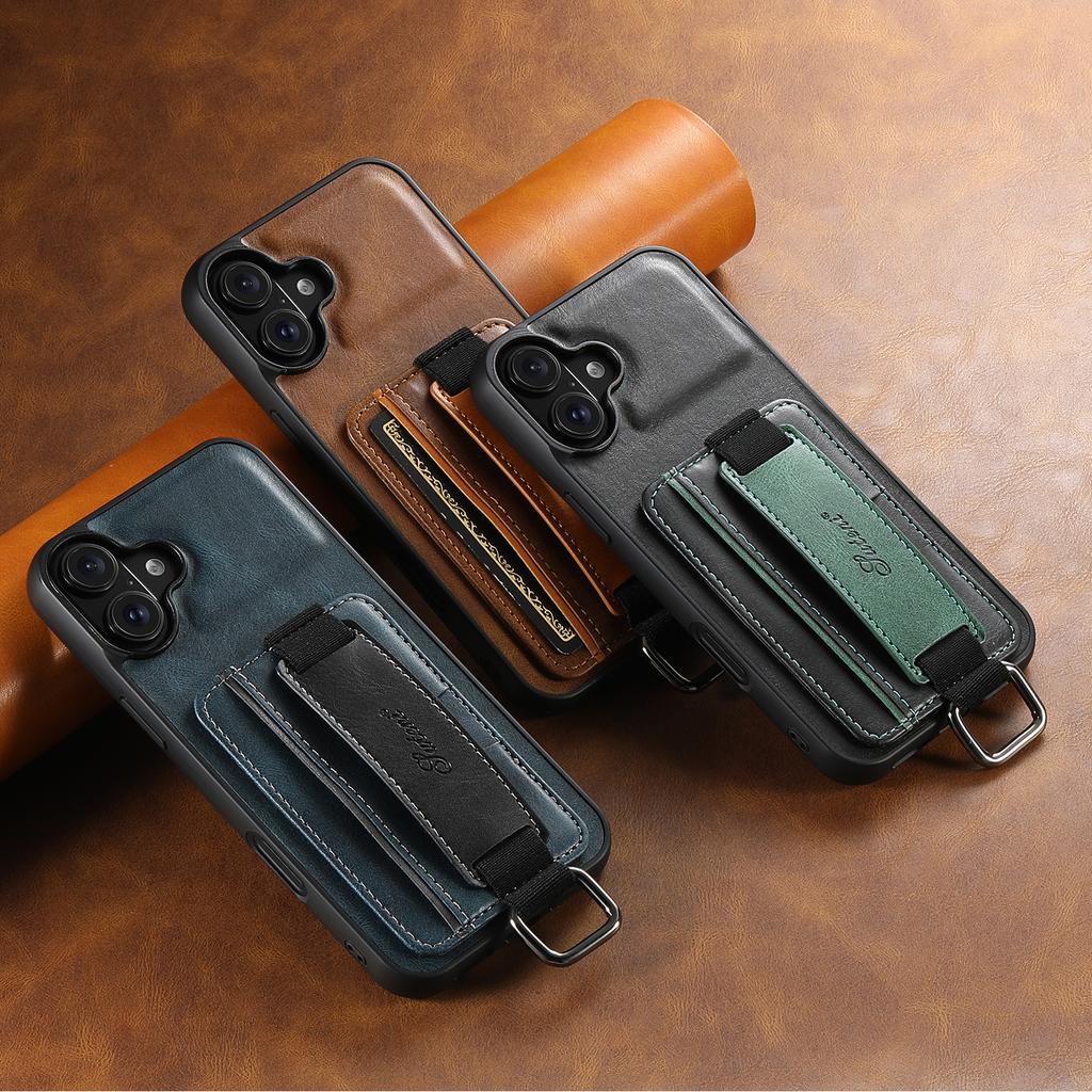 SUTENI H13 For iPhone 16 Case Card Holder Wristband Waxy Texture Leather+TPU+PC Cover