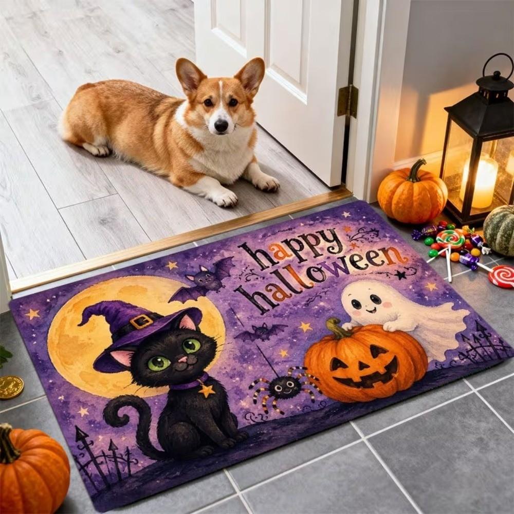 Cartoon Witch Cat Pumpkin Ghost Doormat Non-Slip Maple Leaf Welcome Mat Entryway