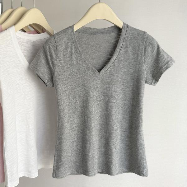 Summer cotton simple solid Women's t shirts korean v-neck Short-sleeve T-shirt casual slim Elastic pink y2k Tops women clothing