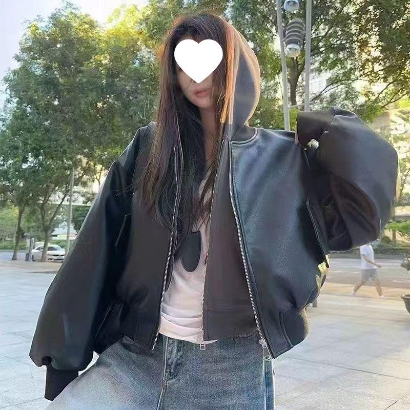 Women's Black Long Sleeve Zipper Leather Baseball Jacket - 2025 Spring/Autumn Retro Loose Motorcycle Style.