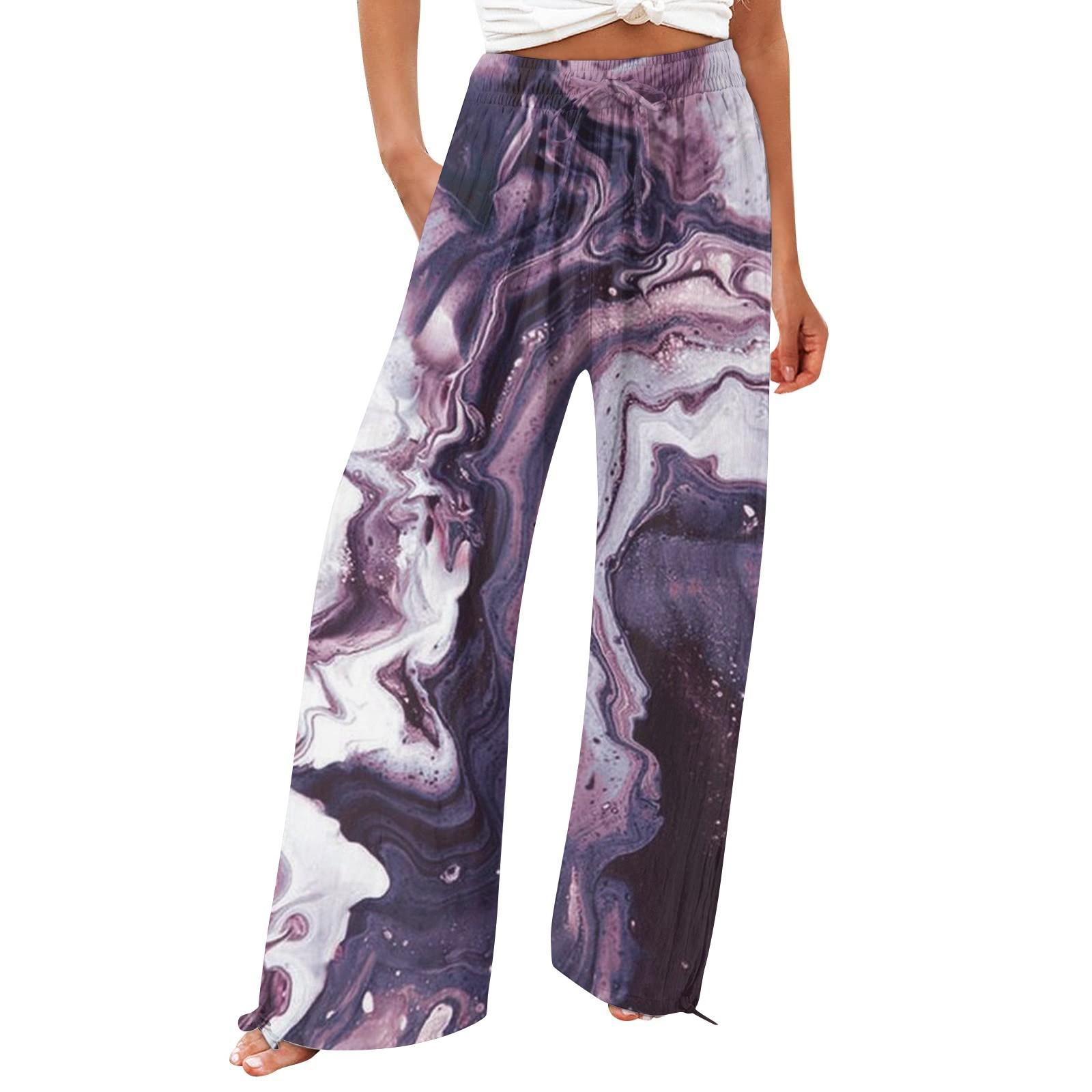 

Брюки для женщин. Летние струящиеся брюки с высокой талией и широкими штанинами с принтом. Повседневные брюки. XL темно-фиолетового