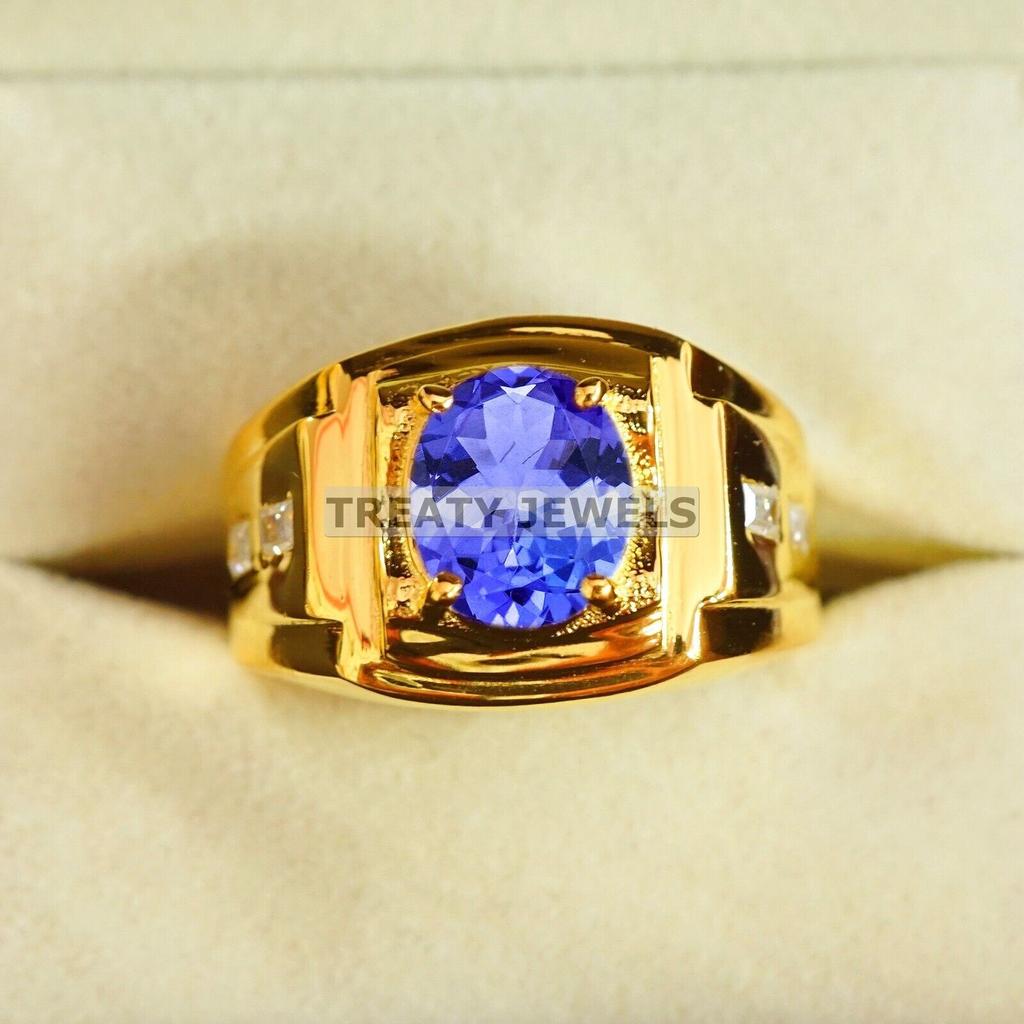 Tanzanite Oval Cut With 925 Sterling Silver Gold Plated Ring For Men's #B652 JL375686559847