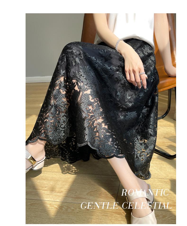 Summer 2025 High Waist A-Line Lace Midi Skirt
