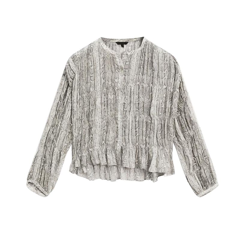 

MD Spring and Summer New Women clothes French style Casual Snakeskin Print Elegant round Neck Long sleeve Shirts Top 5102801 Gray L