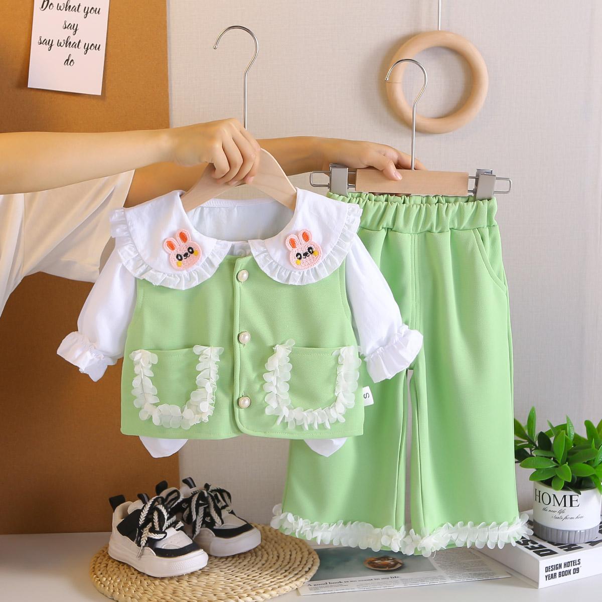 

Комплект из 3 предметов с длинным рукавом для девочек, Милый кружевной жилет для девочек 0-5+рубашка с лацканами+подходящие длинные брюки, Одежда высокого качества L зелёный