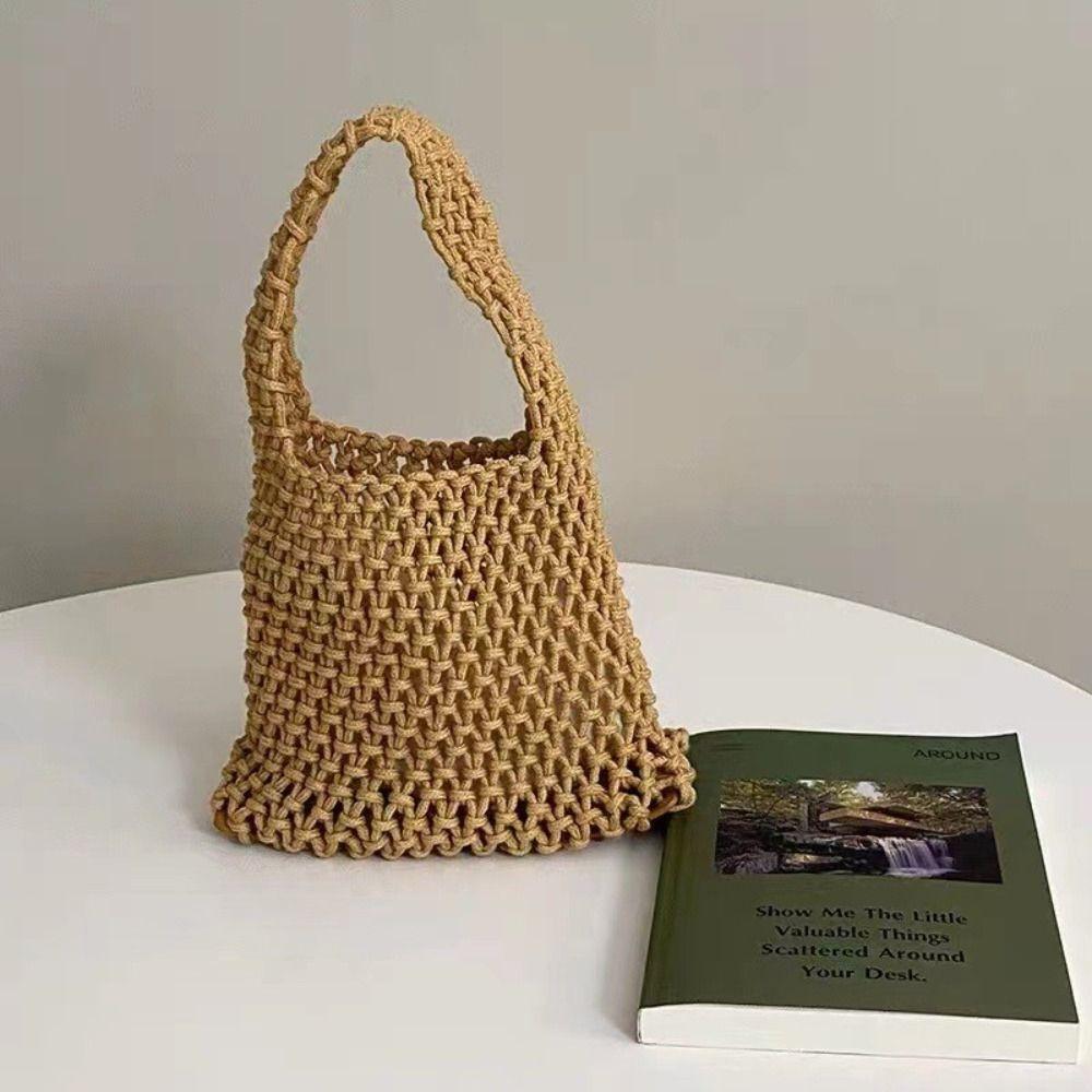 

Personality Handmade Knitted Handbag Cotton Rope Hollowout Woven One-shoulder Pouch Large Capacity Colorful Underarm Bag Work хаки