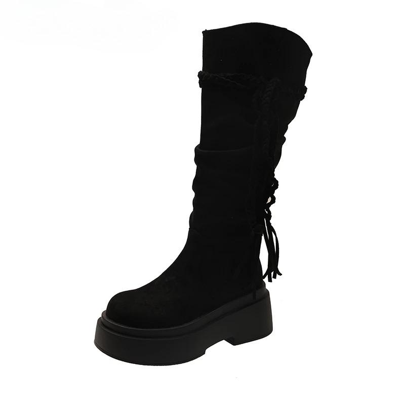 Platform Thick Heel Women Western High Boots Designer Tassel Slip On Shoes Autumn Winter Ladies Punk Vintage Long Booties