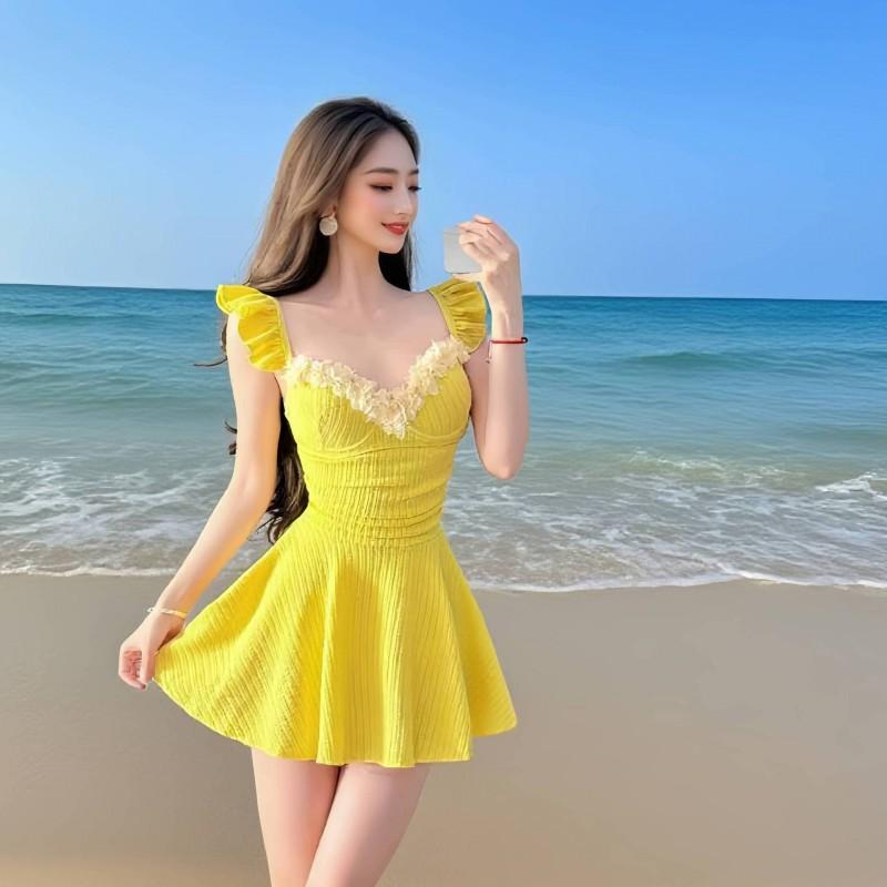

Swimsuit Women High-class Feeling Beautiful One-piece Skirt Conservative Belly-covering Thin Chest Gathering Holiday Hot XL жёлтый