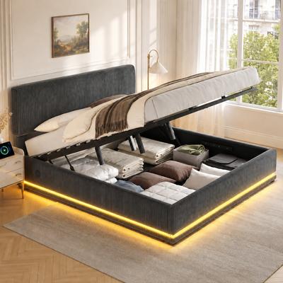 Modern Upholstered Beds with LED Lighting, USB-C Charging, Height-Adjustable Headboard, Corduroy, Slatted Frame, Under-Bed Storage.180*200 Gray