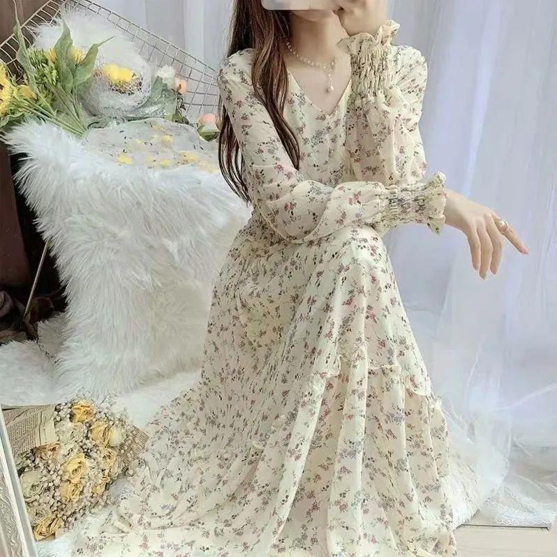 

Осень-Весна, двухслойные платья, модное женское повседневное платье трапециевидной формы с длинным рукавом с цветочным принтом и v-образным вырезом, женские шифоновые платья с подкладкой XL