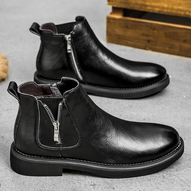 British Style Fashion Men Chelsea Boots Genuine Leather With Zippers Elegant Ankle Shoes Narrow Width For Thin Foot