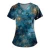 Ladies' Fashionable V-neck Pocket Short Sleeved Christmas Tree Printed Caregiver Shirt