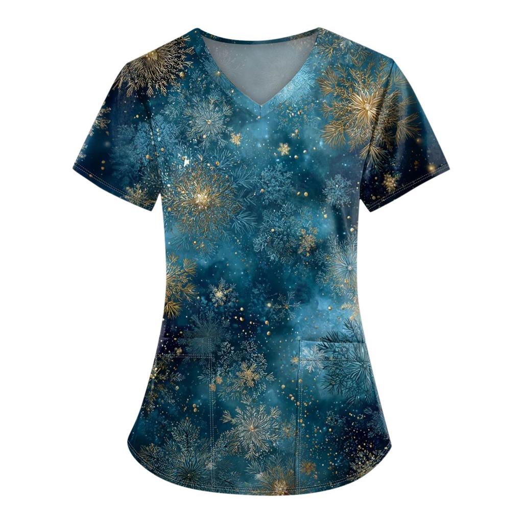 Ladies' Fashionable V-neck Pocket Short Sleeved Christmas Tree Printed Caregiver Shirt