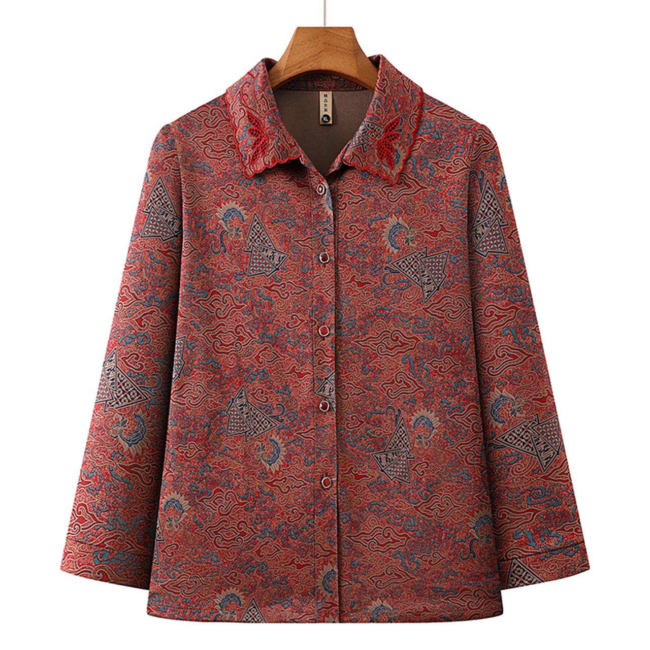 

Grandma Style Women s Plus Size Lapel Cardigan - Spring/Summer Casual Long Sleeve Shirt for Mom 5XL (suggested 140-155 jin) червоний
