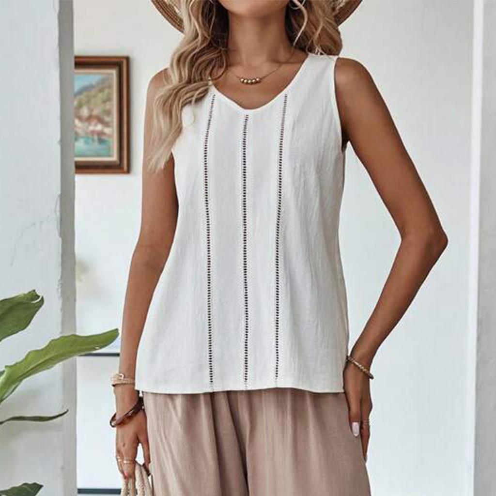 Women's Color Lace Hollow Sleeveless Cotton And Linen Casual Tank Top