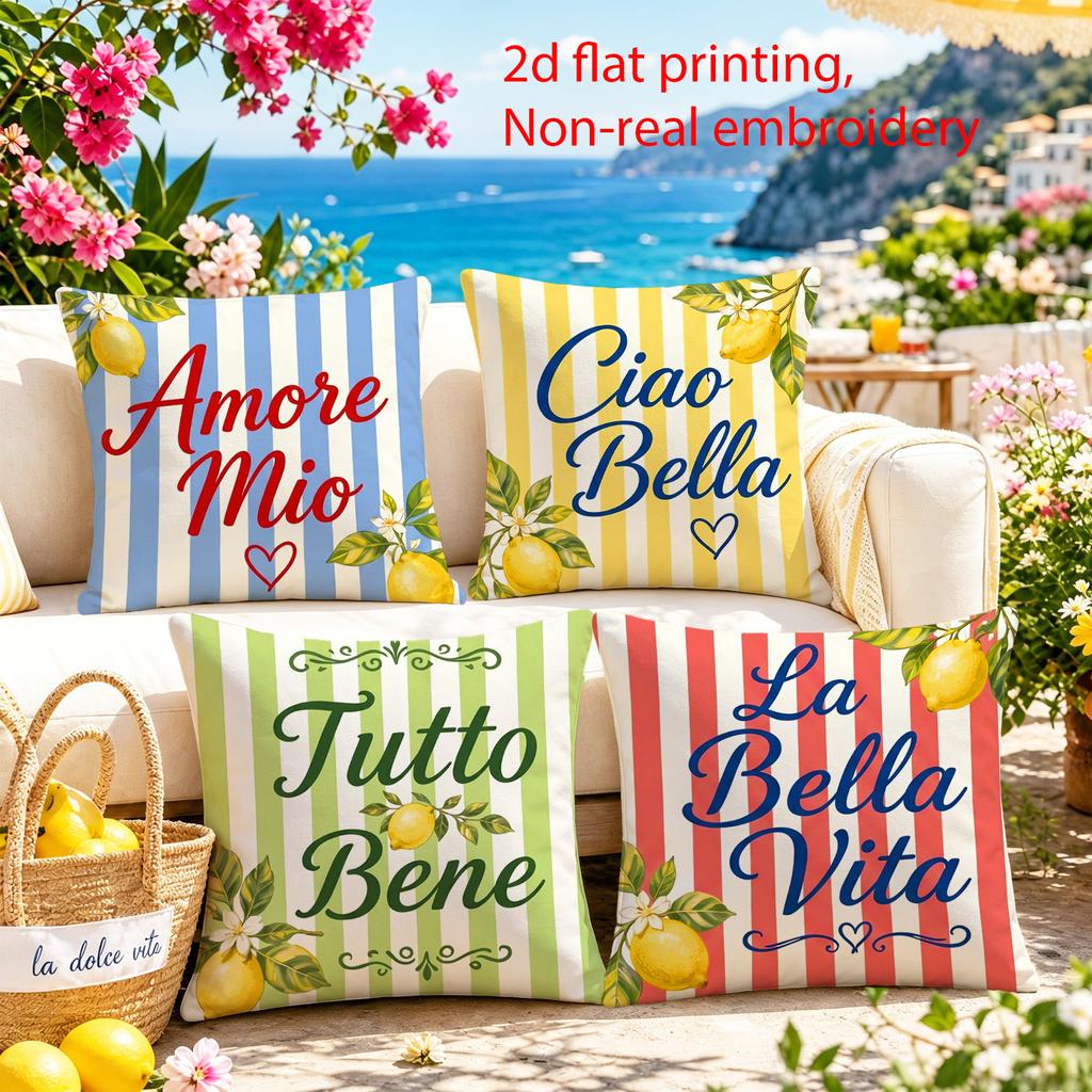 4pcs Italian Striped "Ciao Bella" Pillow Cover Outdoor Terrace Decoration Cushion Cover Home Bedroom Decoration Pillowcase