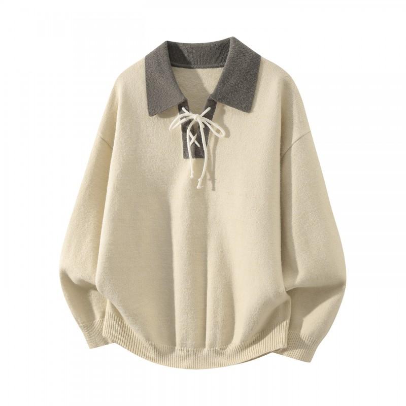 Mens Contrast Color Collar Knit Sweater High Quality Casual Long Sleeve Pullover Young Adults