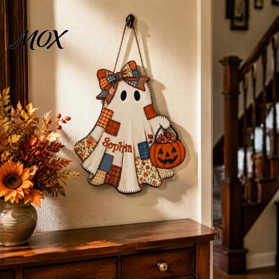 Funny Ghost Gift for Friends Halloween Wooden Patchwork Pendant, Vintage Autumn Harvest Hanging Sign, Cute Retro Ornament Walls Pendant with Rope Home