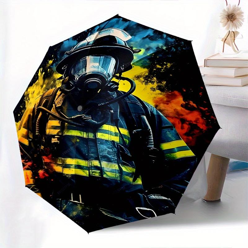 Firefighter, Heroic Automatic folding umbrella simple eight rib design, bright color pattern, durable iron frame, ideal for travel and outd