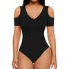 Leotard Bodysuit Short Sleeve Black Thin Innerwear Plain Slimming Sexy Top High Elasticity Summer Clothes L [MANJIAMEI] Women's V-Neck Off-Shoulder